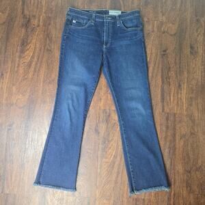 AG Jeans The Jodi Crop Flare High Rise Medium Dark Wash Fringe Hem - Size 29R